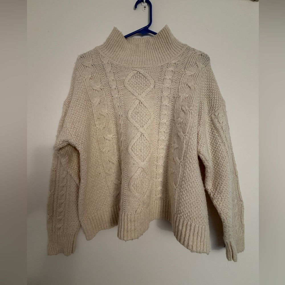 GAP Women’s Chunky Cable Knit Mockneck Birch Wool Alpaca Cotton Blend Sweater M